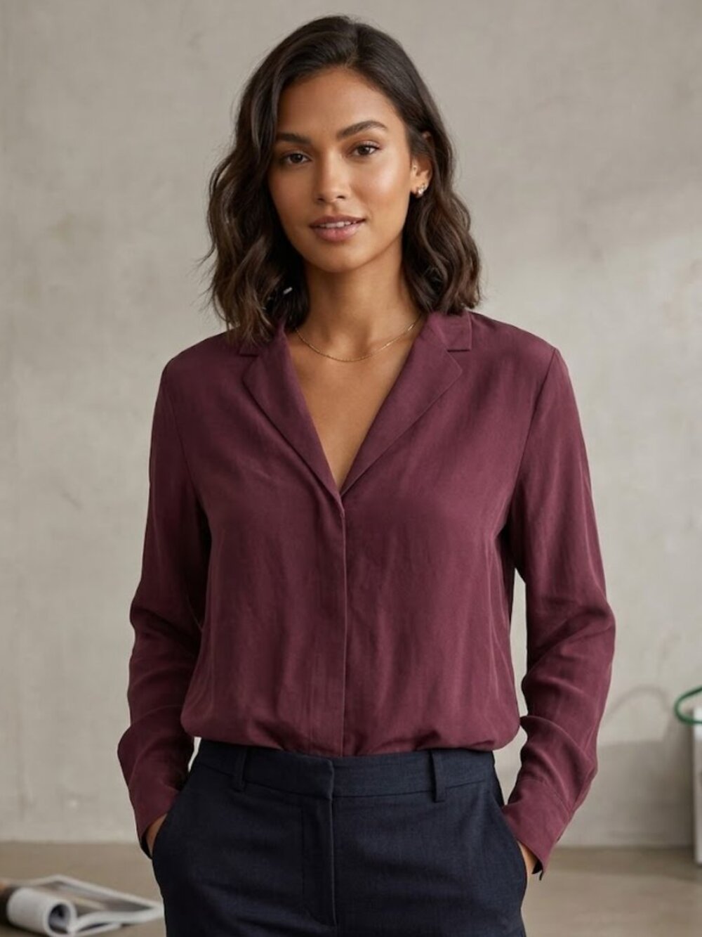 Aritzia Babaton Silk Blend Deep Plum V-Neck Buttoned Blouse
